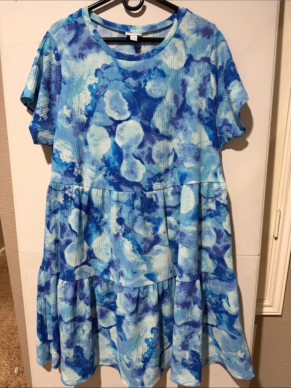 LuLaRoe Ariel Waffle Crepe Blue Watercolor Tiered Midi Dress